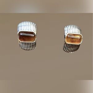 Big 90s Retro Clip On Earrings Silver Tone With Amber Colored Glass